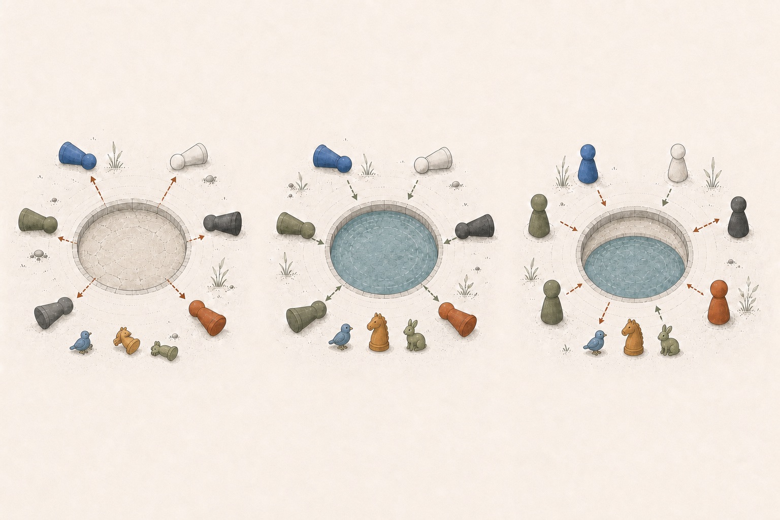 Three shared-resource outcomes: an empty pond with agents and wildlife fallen, a full pond with agents fallen but small animals upright, and a partly full pond with agents and wildlife upright.