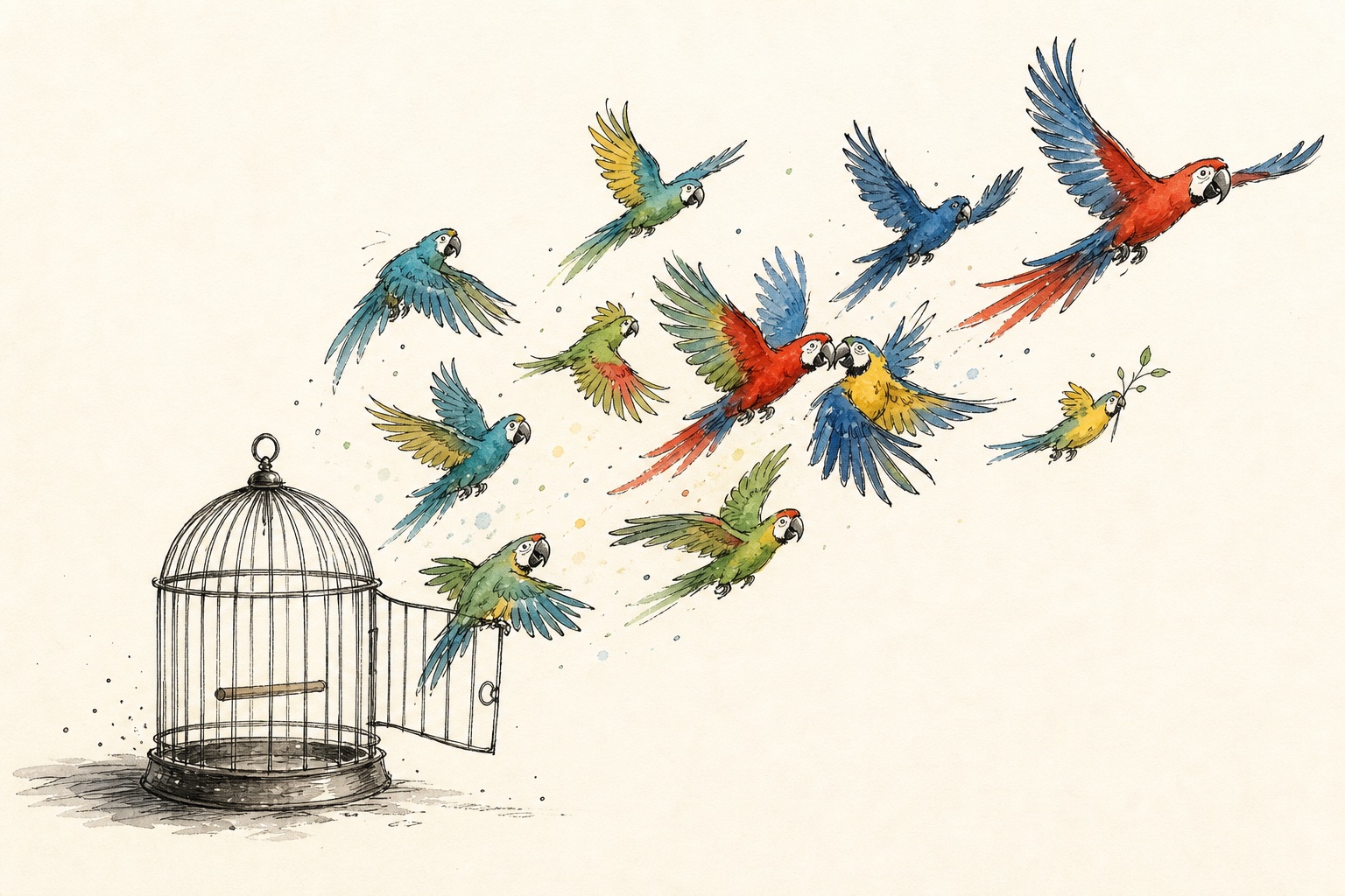 A colorful, unruly flock of parrots flies out of an open wire cage and disperses into open space.