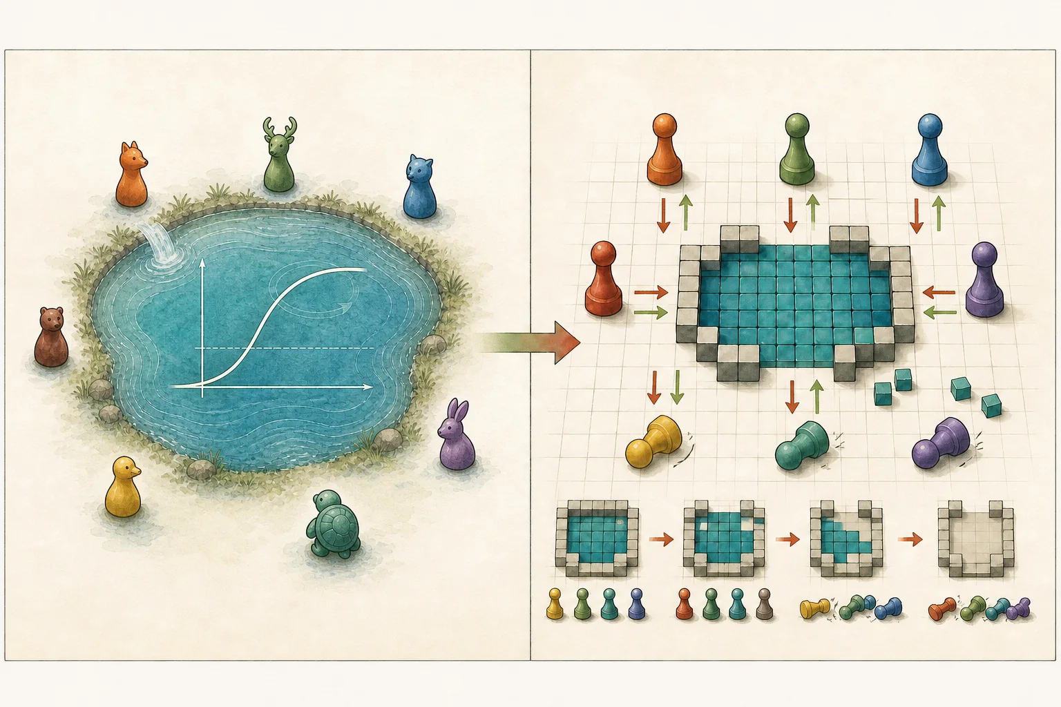 Two games contrasted: independent animal figures surround a smooth self-regenerating commons with a logistic growth curve, while a discrete token pool follows binary give-or-take actions step by step to depletion and fallen agents.